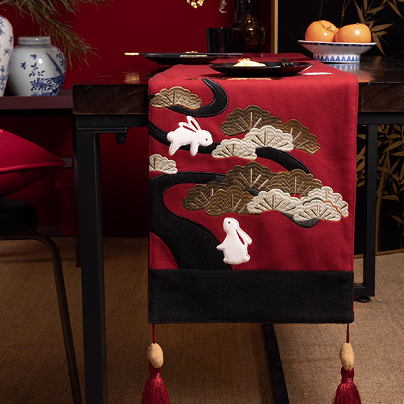 Silk Embroidery Red Table Runner