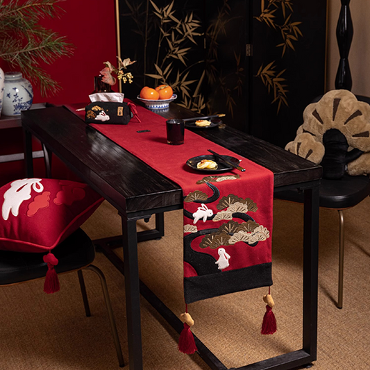 Silk Embroidery Red Table Runner